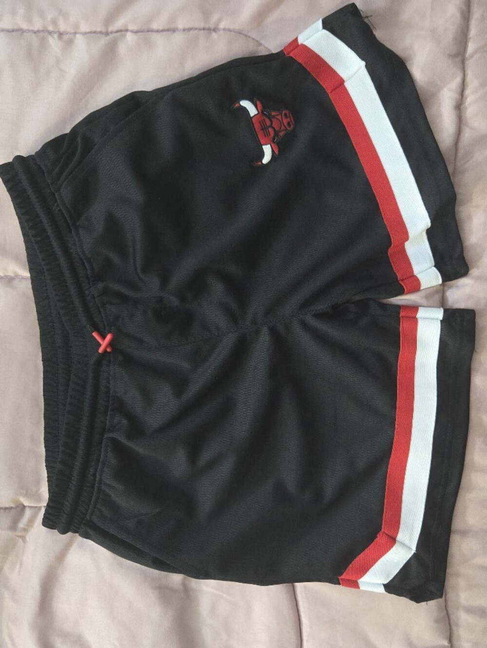 Unisex Kids Black Athletic Shorts with Red & White Side Stripes